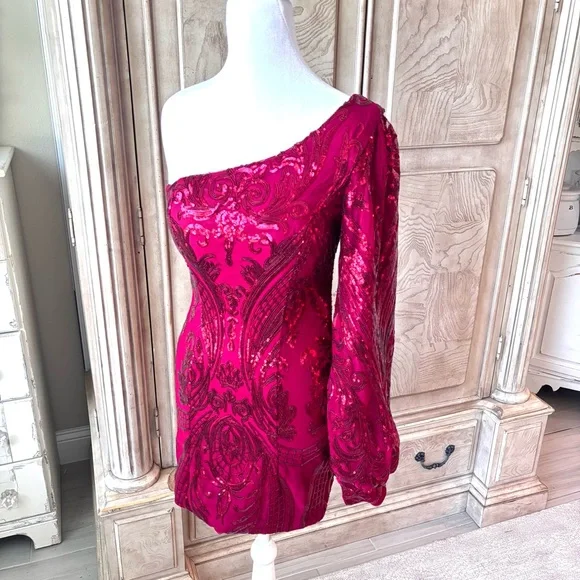 NEW Red Dress, Sequin Dress, Cocktail Dress, One Shoulder, NWOT, Size 0 - Picture 6 of 10